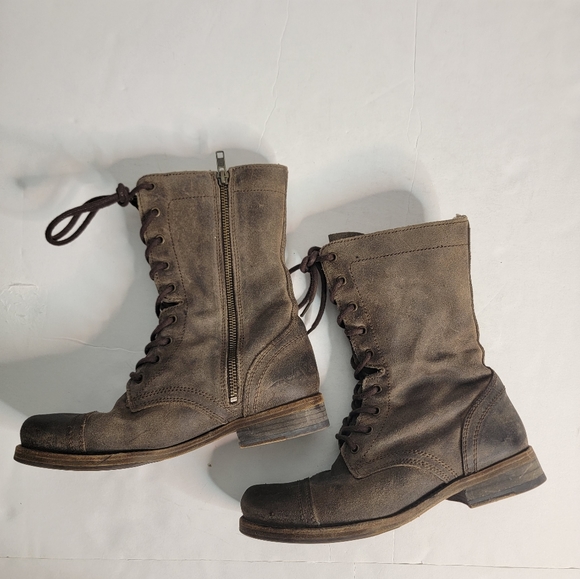 Allsaints 38/8 Distressed Military Combat Boots Leather Suede Faux Fur Lined - Picture 6 of 10